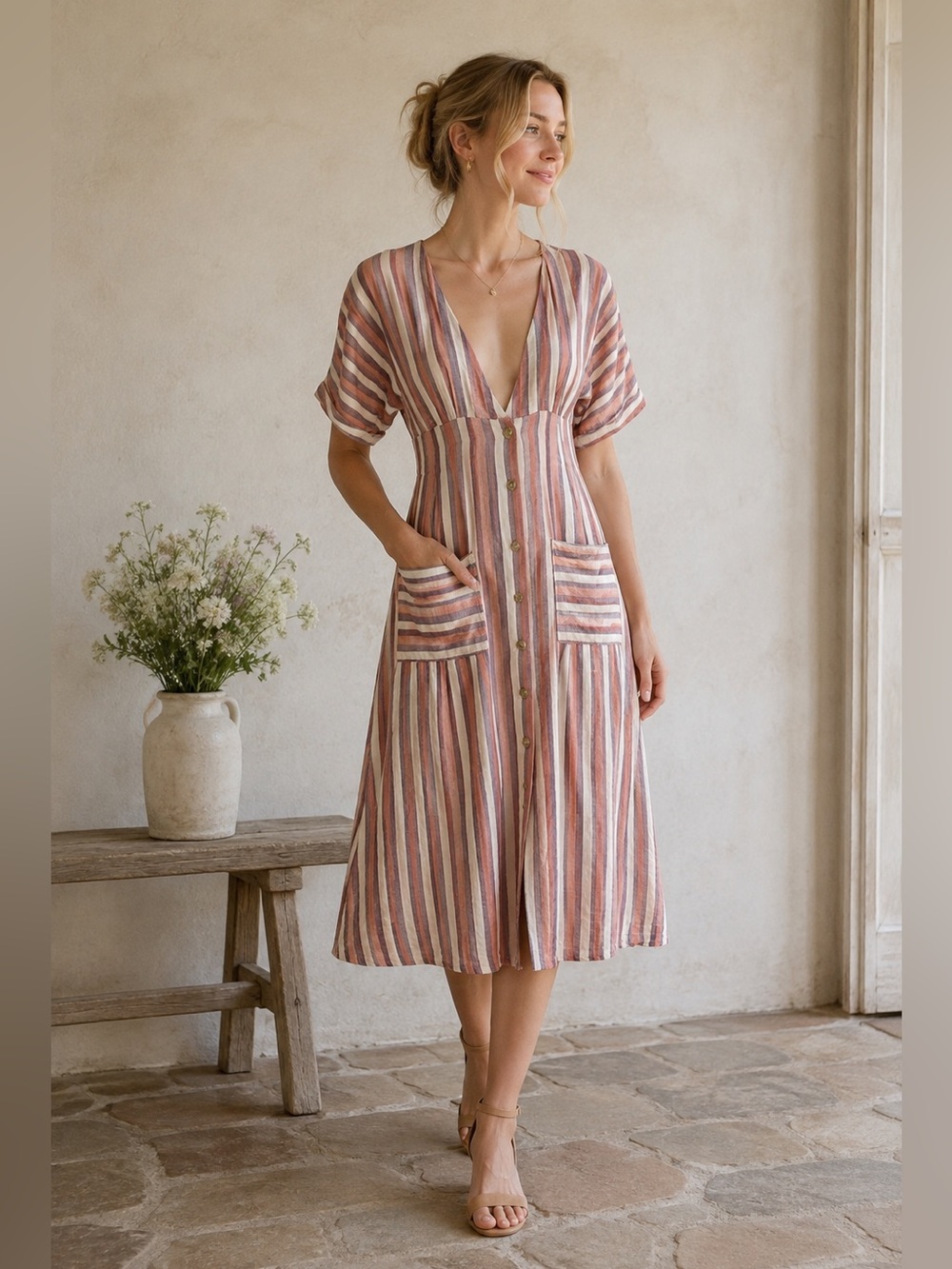 Free People Linen Midi Shirt Dress Striped Button Front Dolman Short Sleeves XS